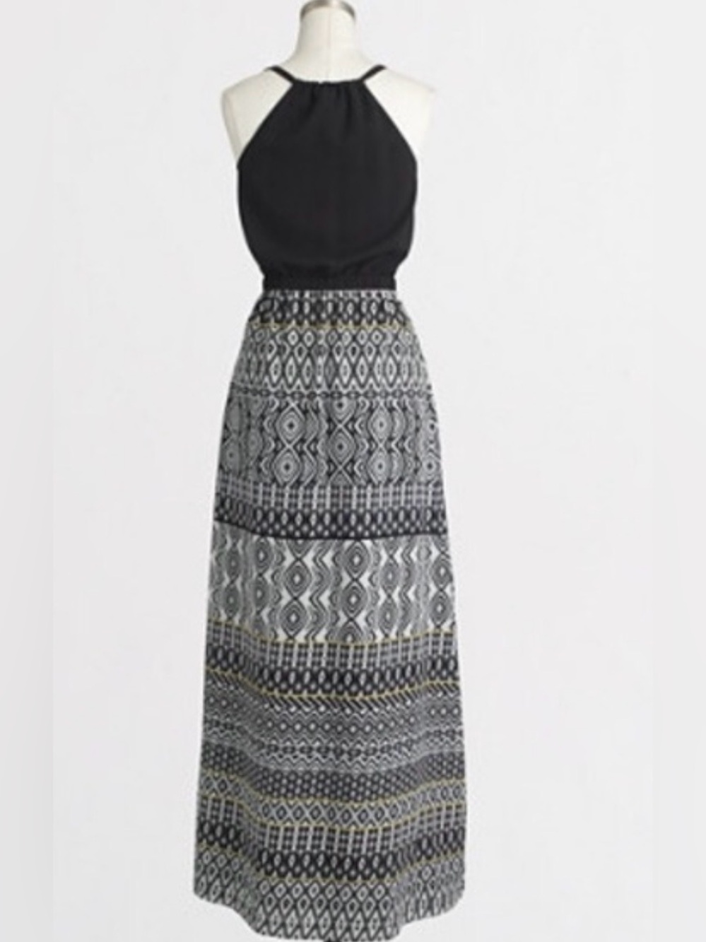 J CREW Black Top With Printed Skirt Maxi Dress Sz 6